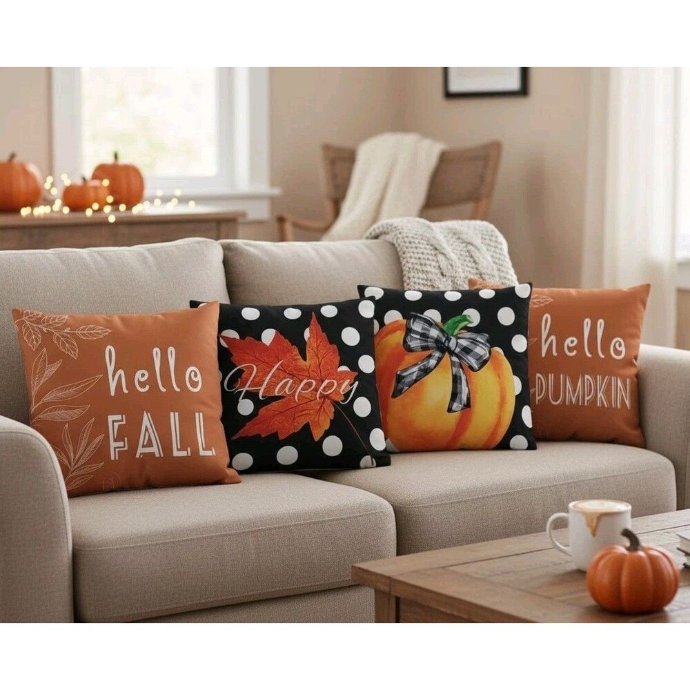 Fall Decorative Throw Pillow Covers 18 x 18 Inch Set of 4, Hello Pumpkin
